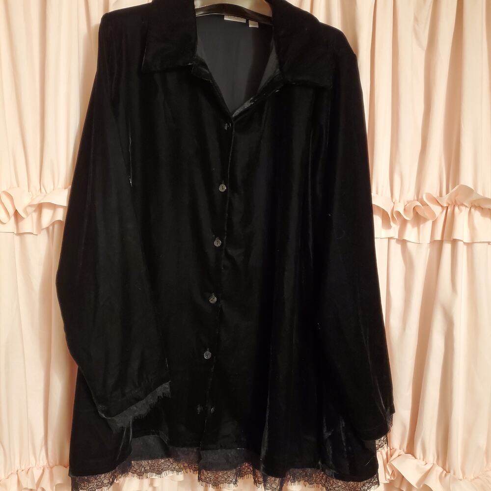 NEW LOGO by Lori Goldstein Long Sleeve Black Plush Velvet&Lace Shirt Sz XL